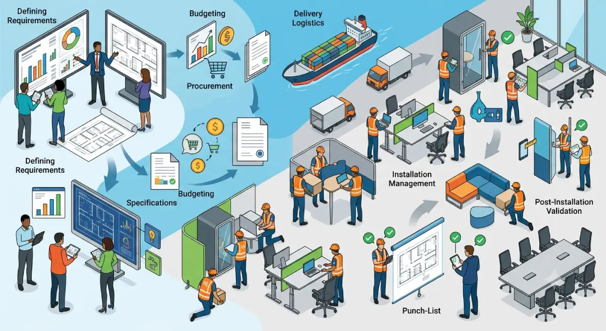 Office furniture procurement process infographic showing workplace planning, budgeting, logistics, installation, and validation.